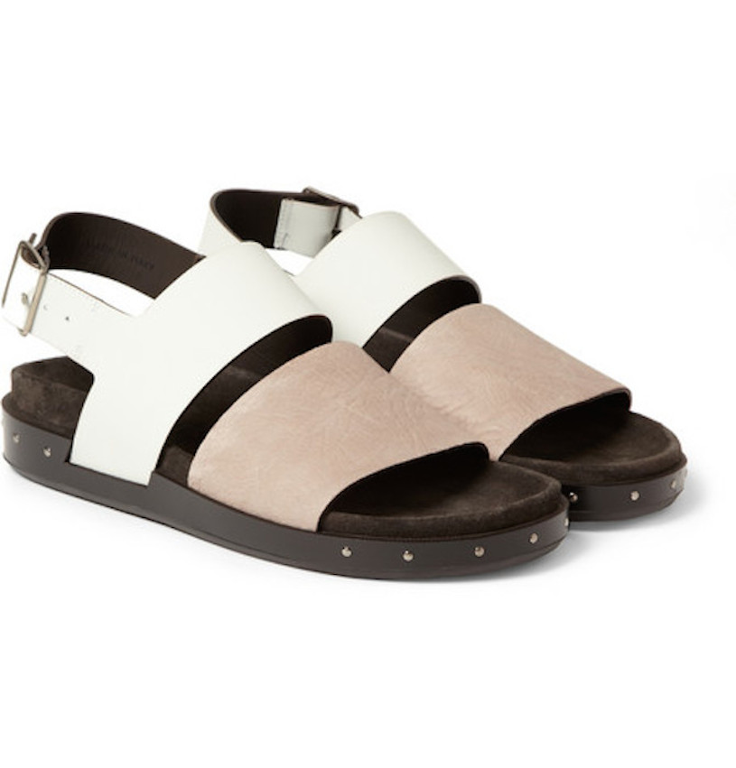 Brand: LAVIN Description: Leather and Suede Sandal Color: Beige and White